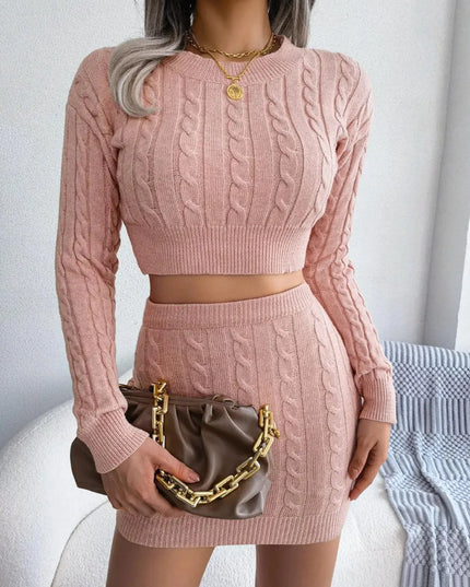 Cable-Knit Sweater Dress Set with Round Neck Top and Skirt