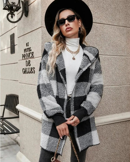 Plaid Long Sleeve Hooded Coat - ShopEasier