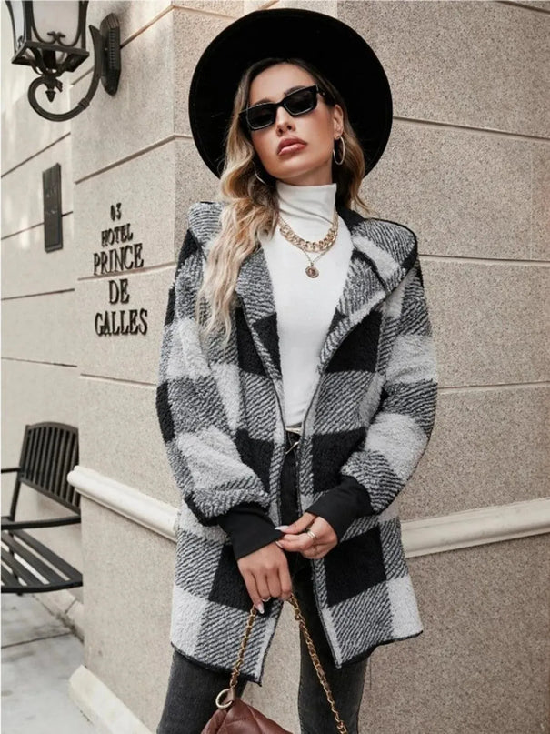 Plaid Long Sleeve Hooded Coat - ShopEasier