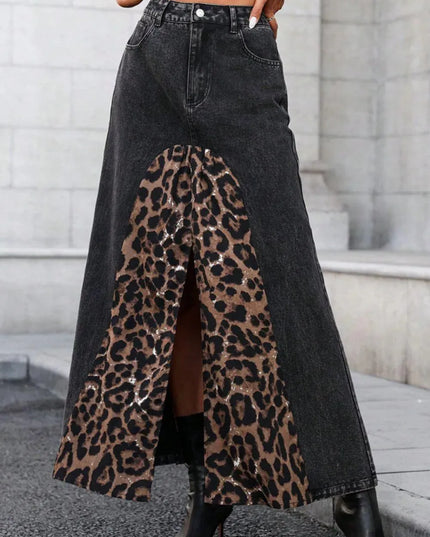 Slit Leopard Midi Denim Skirt - ShopEasier