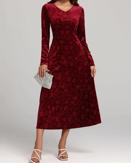 Flower Print V-Neck Long Sleeve Midi Dress