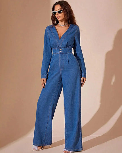 Plunge Long Sleeve Wide Leg Denim Jumpsuit - ShopEasier