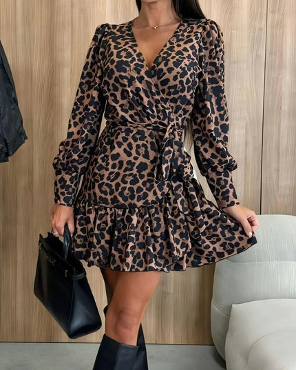 Tied Leopard Surplice Long Sleeve Dress - ShopEasier