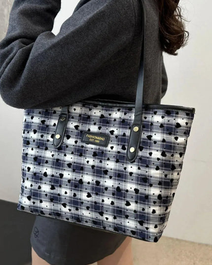 Heart Plaid PU Leather Strap Tote Bag