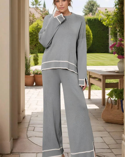 Cozy High-Low Sweater Set with Round Neck and Pants