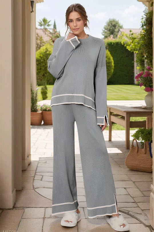 Cozy High-Low Sweater Set with Round Neck and Pants