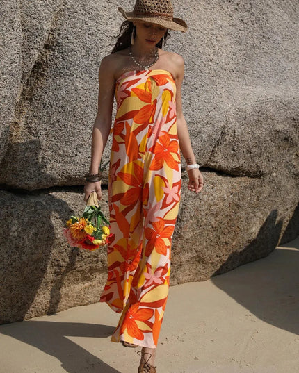 Tied Printed Tube Wide Leg Jumpsuit - ShopEasier