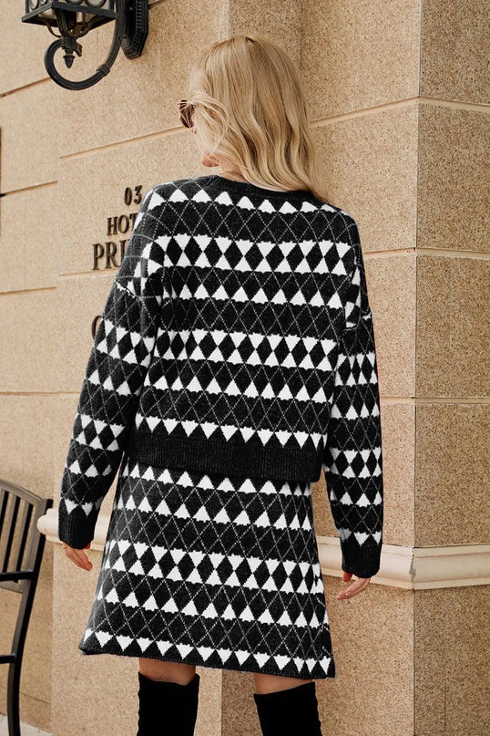 Sleek Geometric Knit Cardigan and Skirt Ensemble