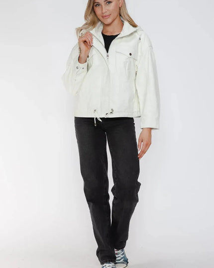 How Dare U Drawstring Hem PU Leather Zip Up Jacket - ShopEasier