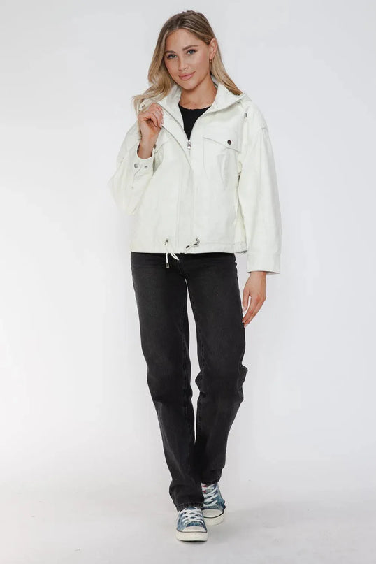 How Dare U Drawstring Hem PU Leather Zip Up Jacket - ShopEasier