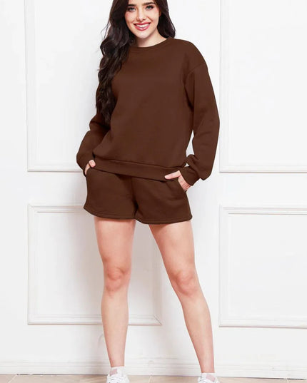 Two-Piece Drawstring Shorts and Long Sleeve Sweatshirt Set