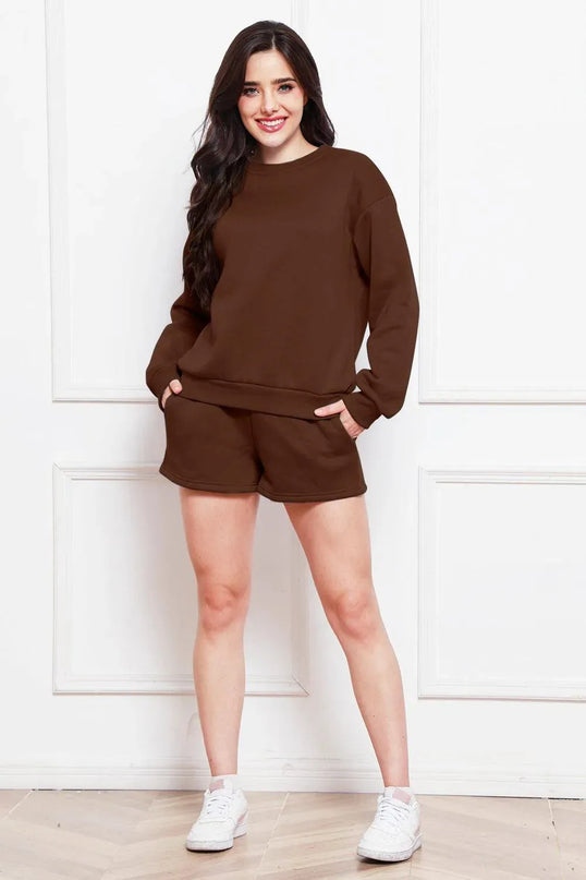 Two-Piece Drawstring Shorts and Long Sleeve Sweatshirt Set