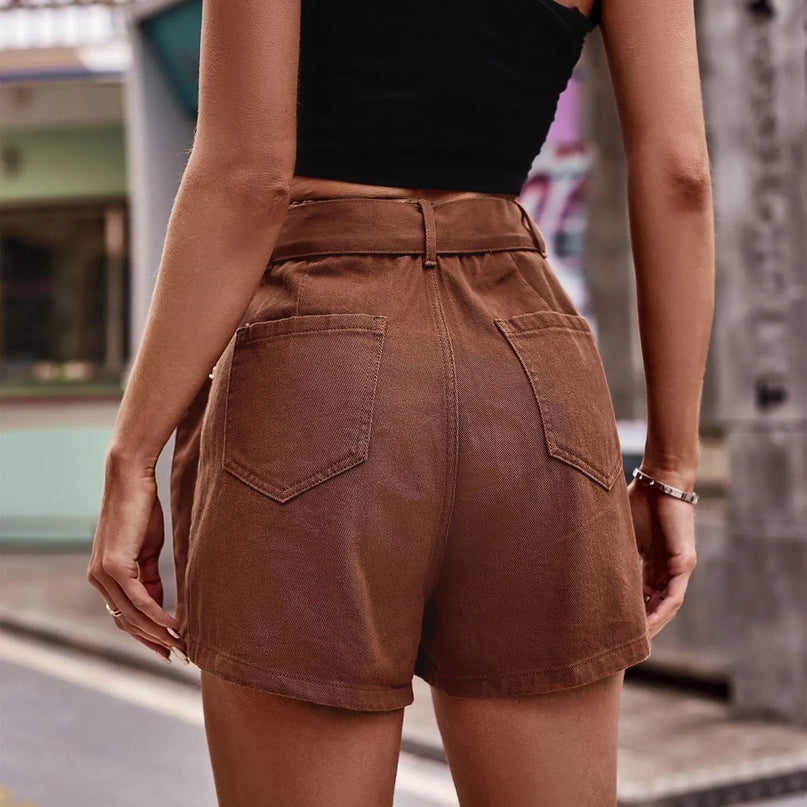 Belted Pocketed Denim Shorts for Casual Wear