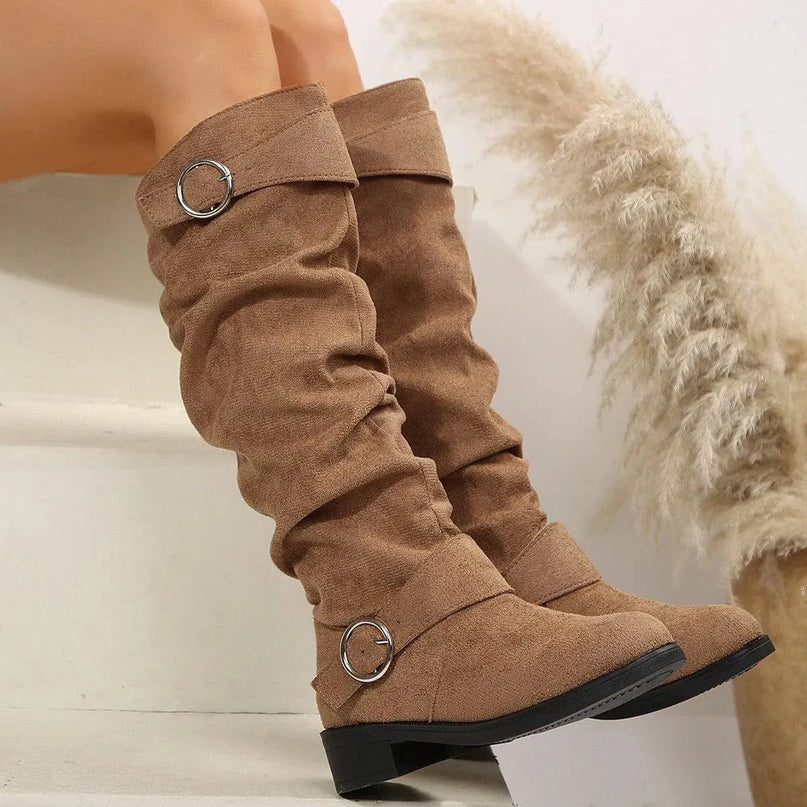 Buckle Round Toe Block Heel Boots - ShopEasier