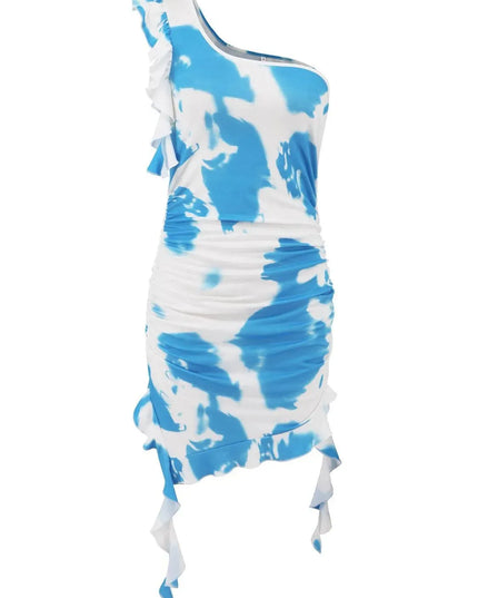 Vestido corto con un solo hombro y efecto tie-dye con volantes