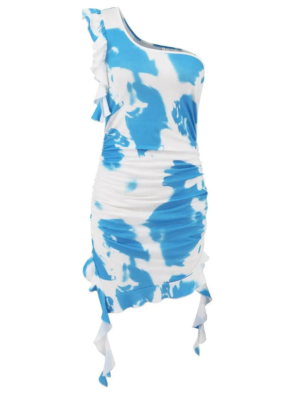 Vestido corto con un solo hombro y efecto tie-dye con volantes