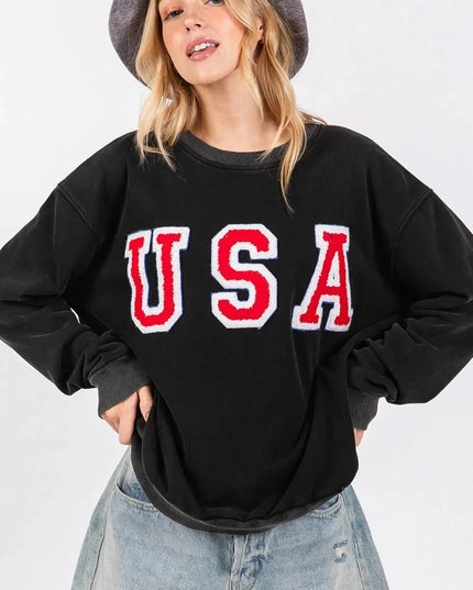 USA Letter Patch Classic Round Neck Sweatshirt by SAGE + FIG