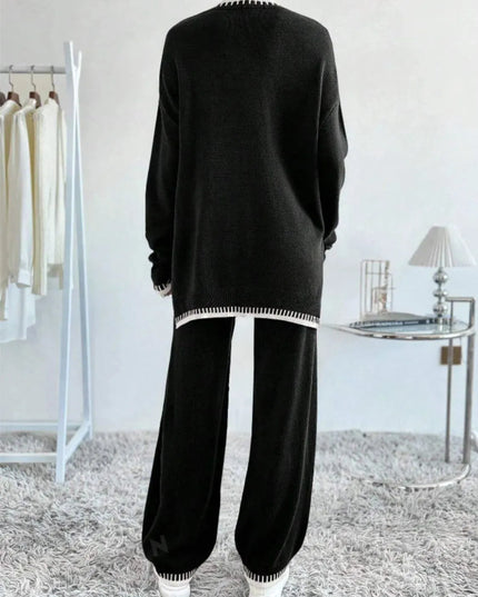 Side Slit Contrast Trim Round Neck Top and Pants Sweater Set