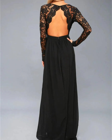 Lace Detail Backless Long Sleeve Maxi Dress - ShopEasier