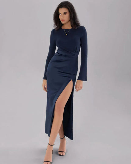 Split Round Neck Long Sleeve Midi Dress