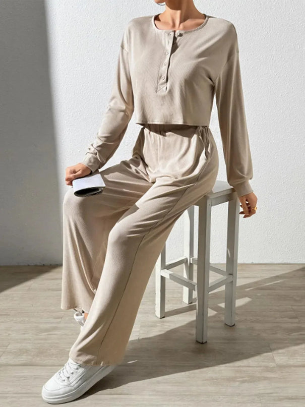 Chic Button-Up Long Sleeve Top and Pants Ensemble