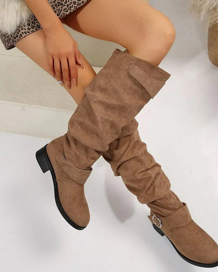 Buckle Round Toe Block Heel Boots - ShopEasier