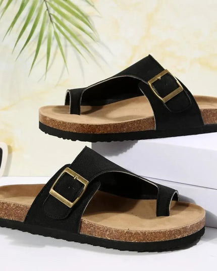 Stylish Open-Toe Buckle Flats