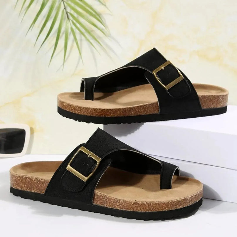 Stylish Open-Toe Buckle Flats