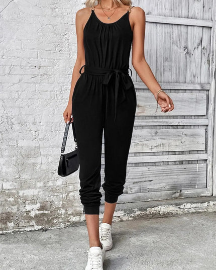 Scoop Neck Tie Waist Jumpsuit - ShopEasier