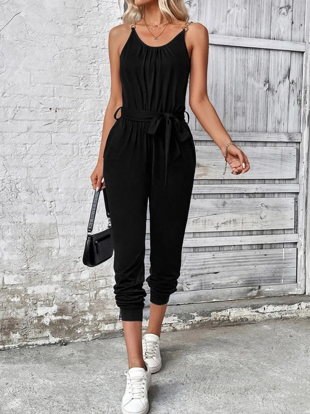 Scoop Neck Tie Waist Jumpsuit - ShopEasier