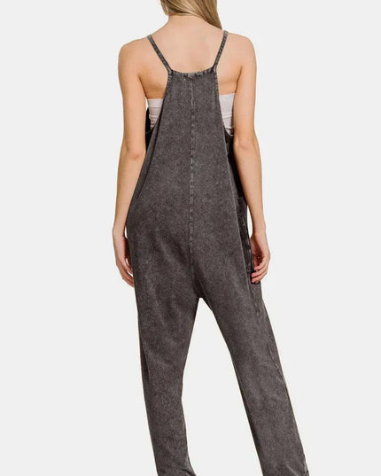 Zenana Washed Spaghetti Straps Overalls with Pockets - ShopEasier