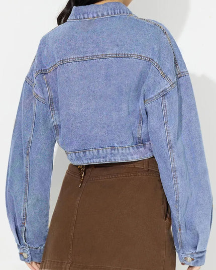 Collared Neck Dropped Shoulder Cropped Denim Top - ShopEasier