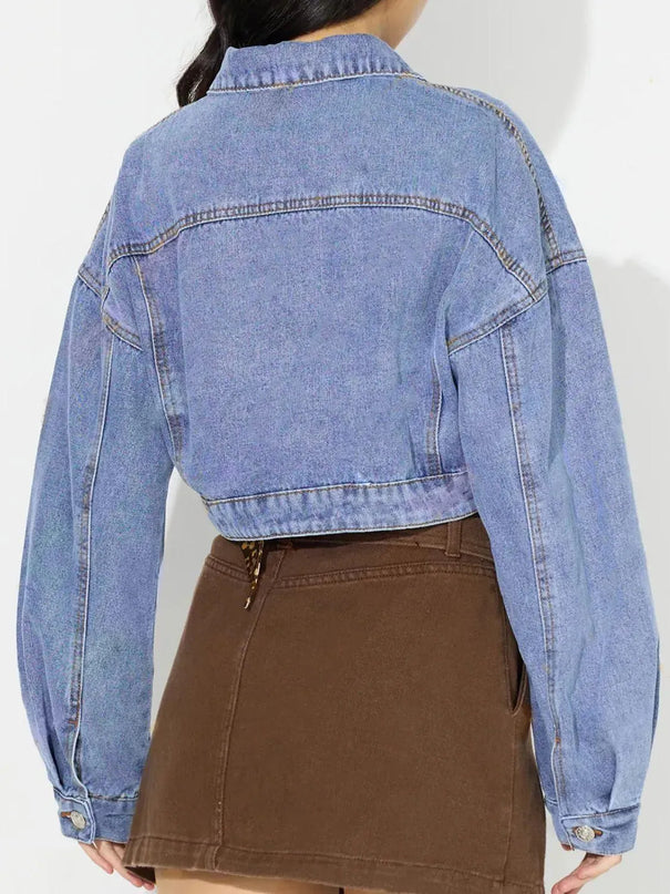 Collared Neck Dropped Shoulder Cropped Denim Top - ShopEasier