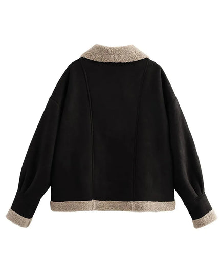 Fuzzy Collared Neck Long Sleeve Jacket - ShopEasier