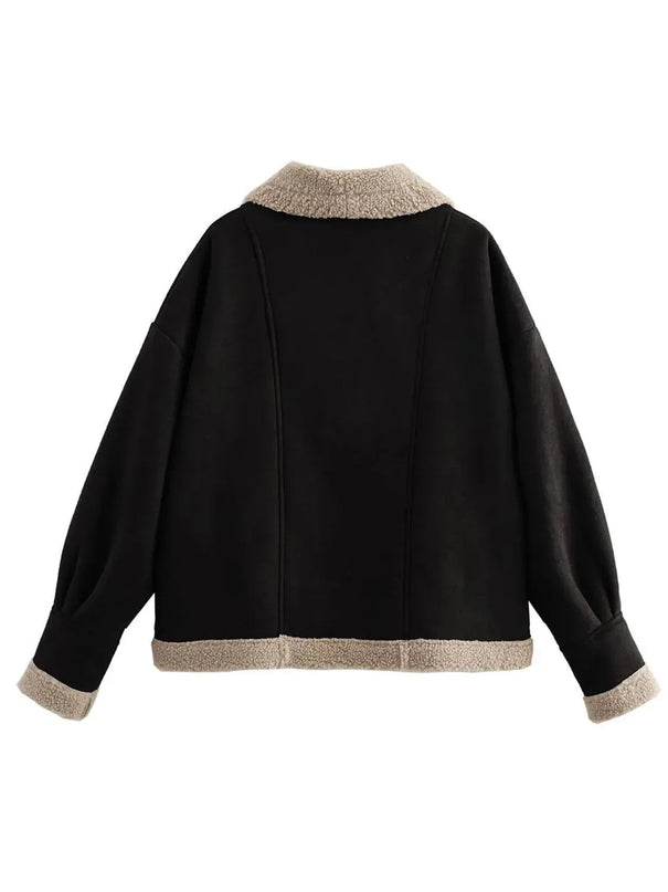 Fuzzy Collared Neck Long Sleeve Jacket - ShopEasier