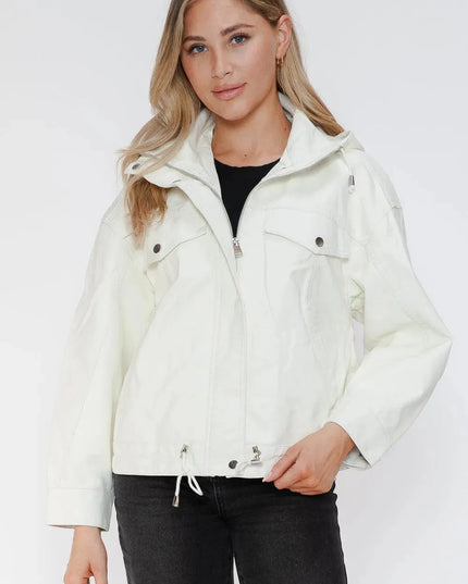 How Dare U Drawstring Hem PU Leather Zip Up Jacket - ShopEasier