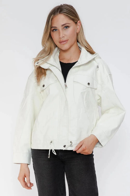 How Dare U Drawstring Hem PU Leather Zip Up Jacket - ShopEasier