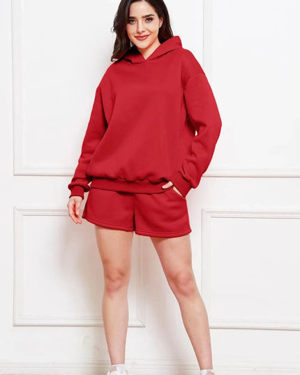 Casual Drop Shoulder Hoodie and Shorts Ensemble