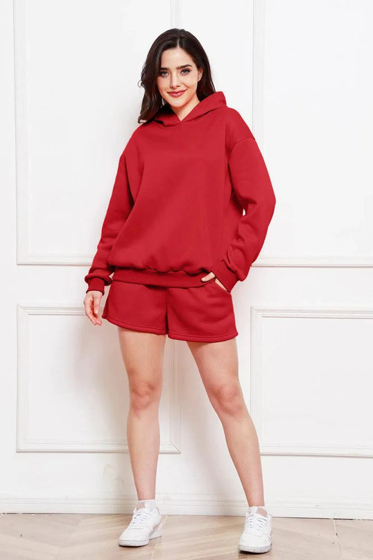 Casual Drop Shoulder Hoodie and Shorts Ensemble