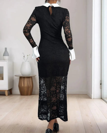 Perfee Lace Contrast Collared Neck Long Sleeve Midi Dress - ShopEasier