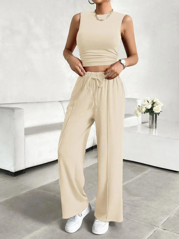 Devine Mock Neck Sleeveless Top and Drawstring Pants Set - ShopEasier