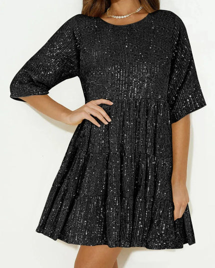 Sequin Round Neck Half Sleeve Mini Dress