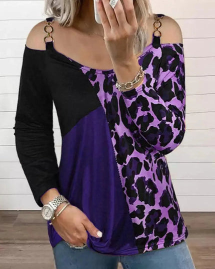 Leopard Print Cold Shoulder Long Sleeve Tee in Full Size