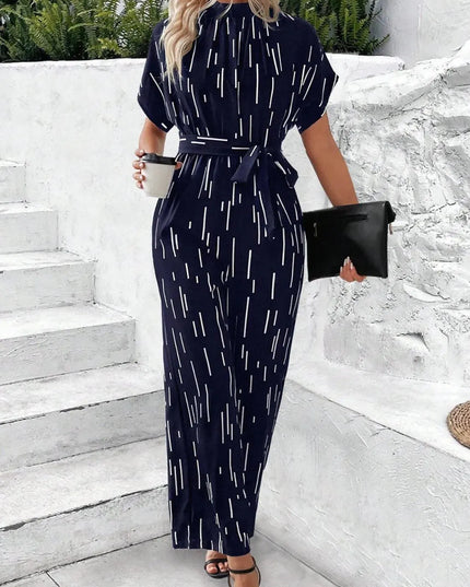 Tied Printed Mock Neck Wide Leg Jumpsuit - ShopEasier