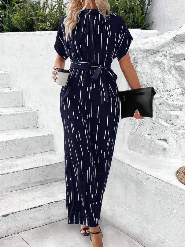 Tied Printed Mock Neck Wide Leg Jumpsuit - ShopEasier