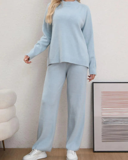 Mock Neck Long Sleeve Top and Pants Sweater Set - ShopEasier