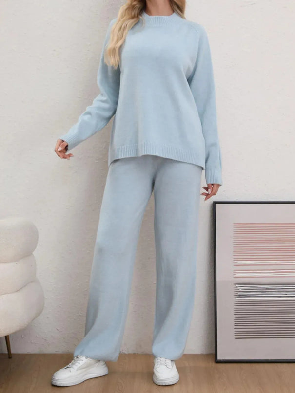 Mock Neck Long Sleeve Top and Pants Sweater Set - ShopEasier