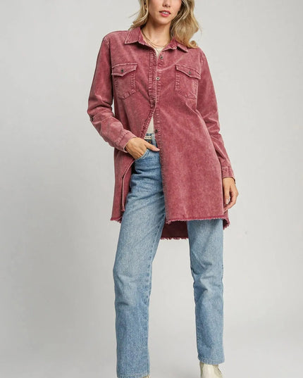 Umgee Raw Hem Button Down Denim Jacket with Chest Pockets - ShopEasier