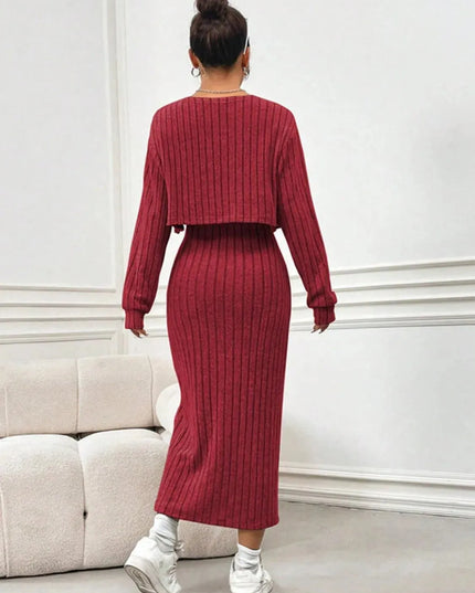 Ribbed Long Sleeve Cropped Cardigan and Slit Cami Dress Set