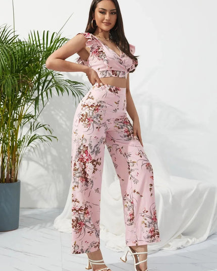 Honey Printed Surplice Cap Sleeve Top and Pants Set - ShopEasier